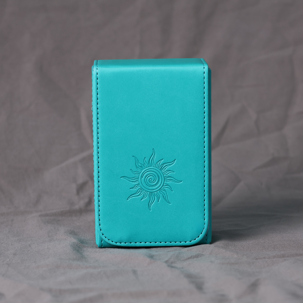 Handmade BLUE Tarot Card Case – Boho Sun Design with Magnetic Closure – PU Leather – Perfect Fit for Standard Decks