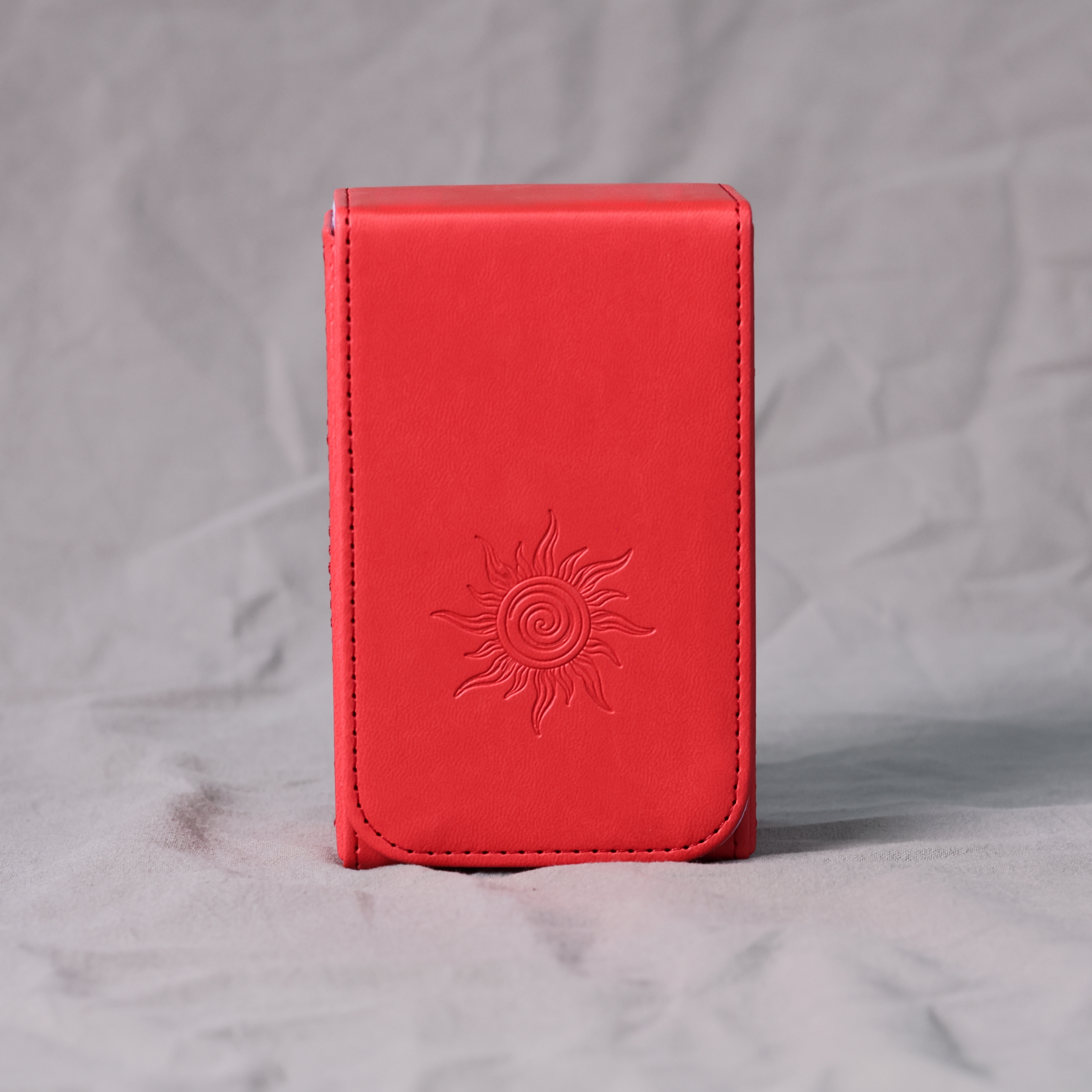 Handmade RED Tarot Card Case – Boho Sun Design with Magnetic Closure – PU Leather – Perfect Fit for Standard Decks