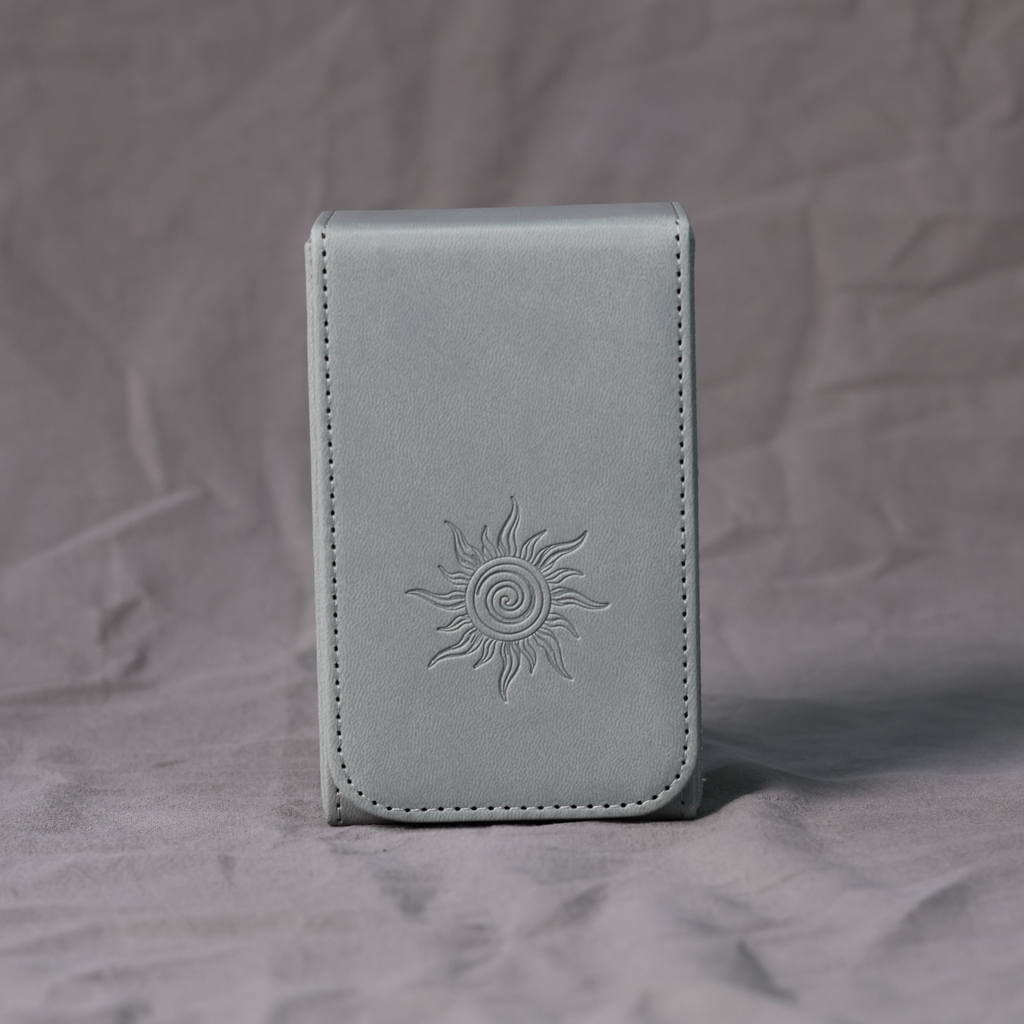 Handmade GRAY Tarot Card Case – Boho Sun Design with Magnetic Closure – PU Leather – Perfect Fit for Standard Decks