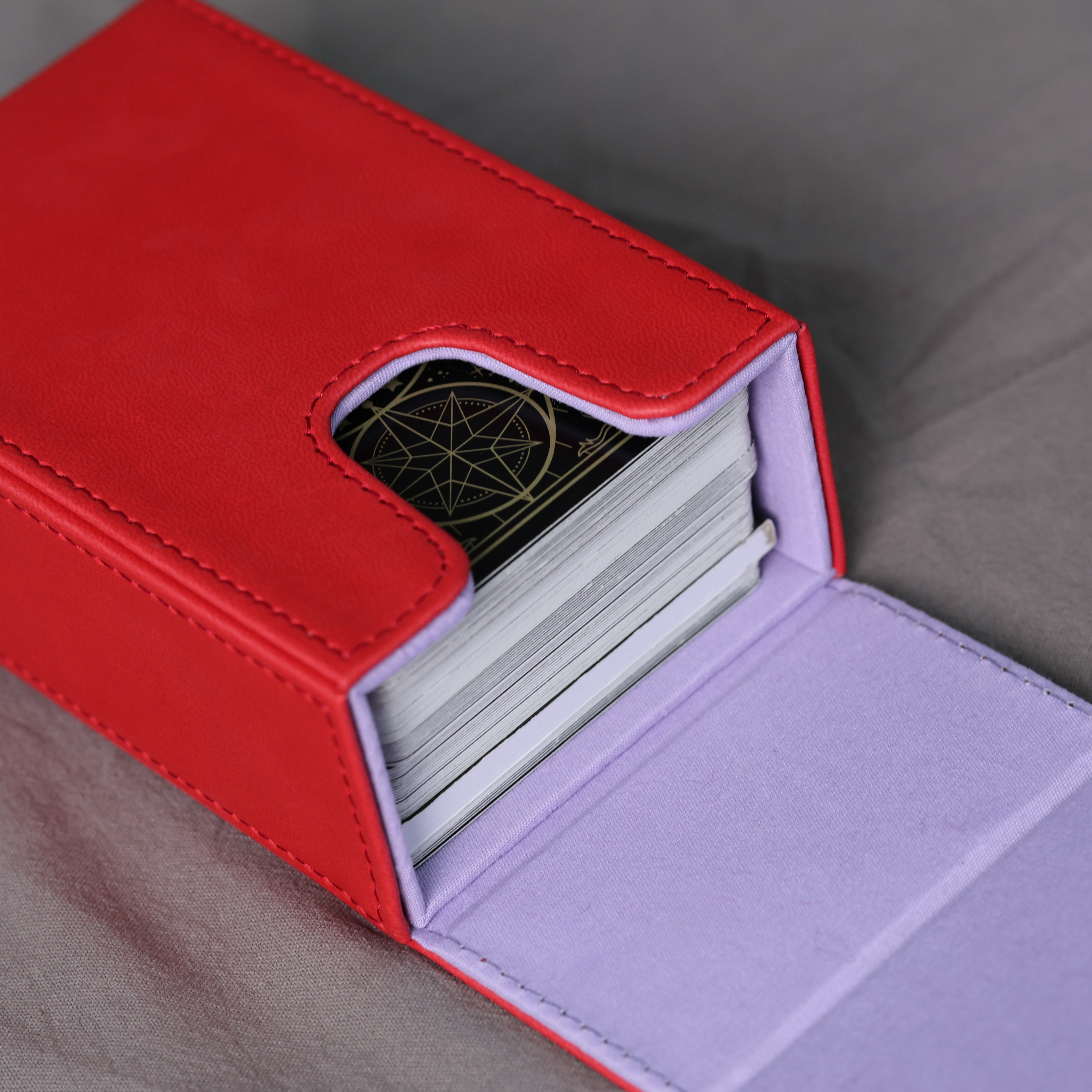 Handmade RED Tarot Card Case – Boho Sun Design with Magnetic Closure – PU Leather – Perfect Fit for Standard Decks